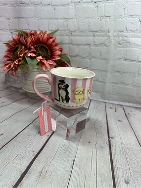 NWT mellow & mod Pink Striped Dog Trio Ceramic mug corgi doodle sheltie feminine
